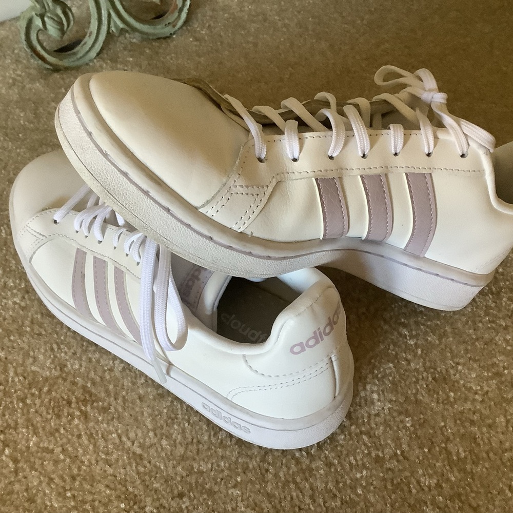 Adidas White Grand Court - Gray Striped Sneakers heel tab.